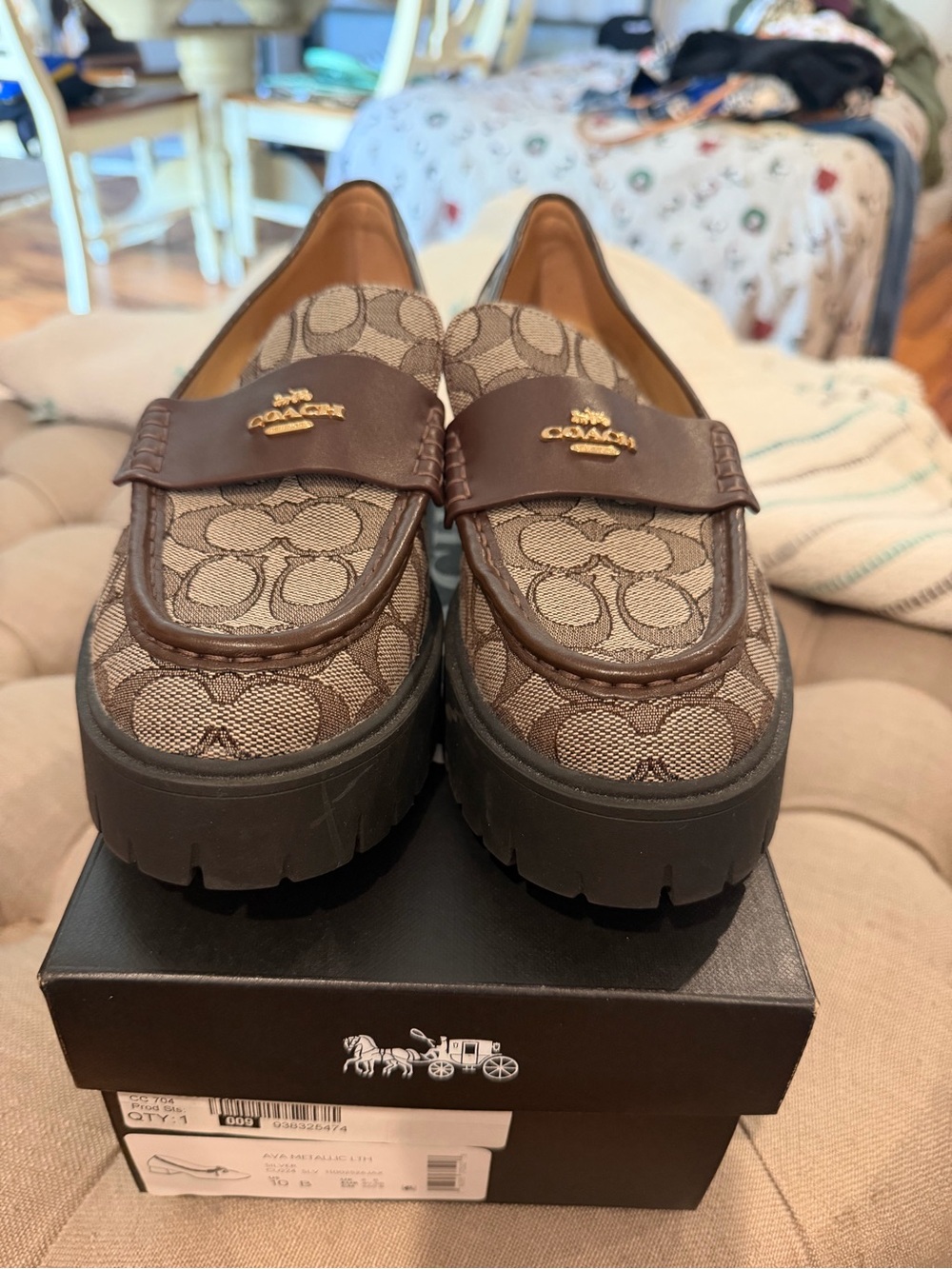 Coach Brown Signature Jacquard Platform Loafers with Gold Logo